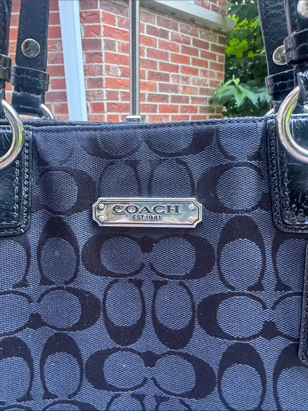 Coach Black Signature Jacquard Tote with Leather Trim